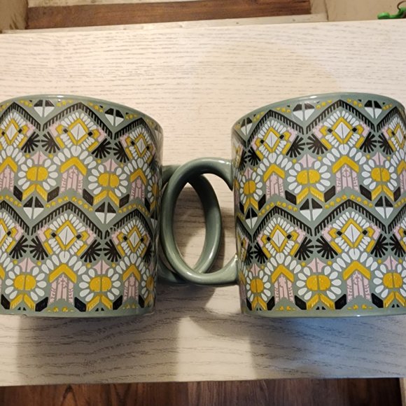 Green‎ Tribal Print Coffee Mugs SET OF 2 - Picture 1 of 4